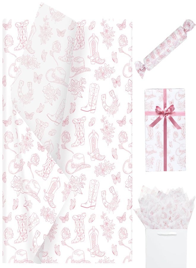 Pineraap 100 Sheet Western Cowgirl Tissue Paper, 20×14 in - Pink Floral Cowgirl Hat Boots Printed Tissue Paper for Girls Birthday, Baby Shower, Gift Boxes Wrapping, DIY Projects, Party Decorations - Image 1